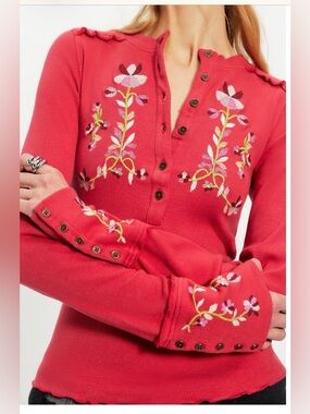 Free People Fleur Embroidered Cuff Henley